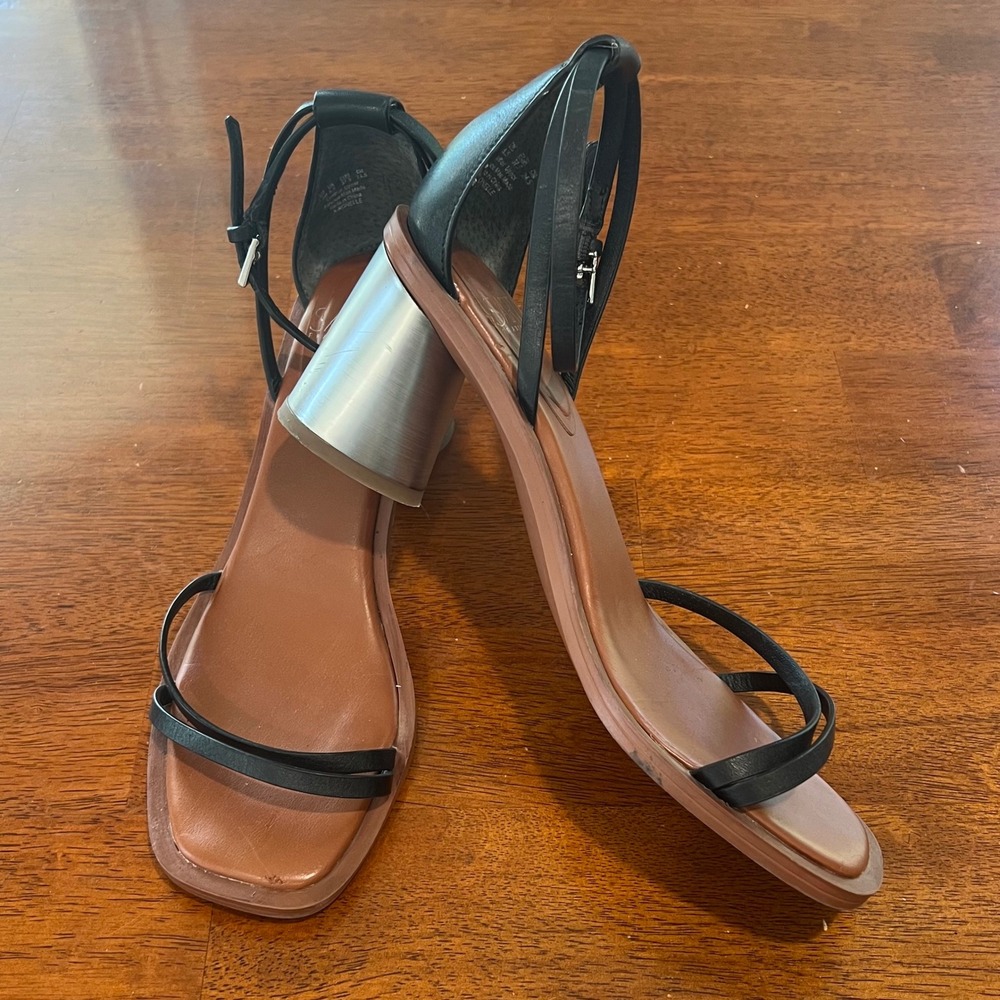 Franco Sarto Brown Black Leather Ankle Strap Silver Block Heel Sandals Size 7.5M